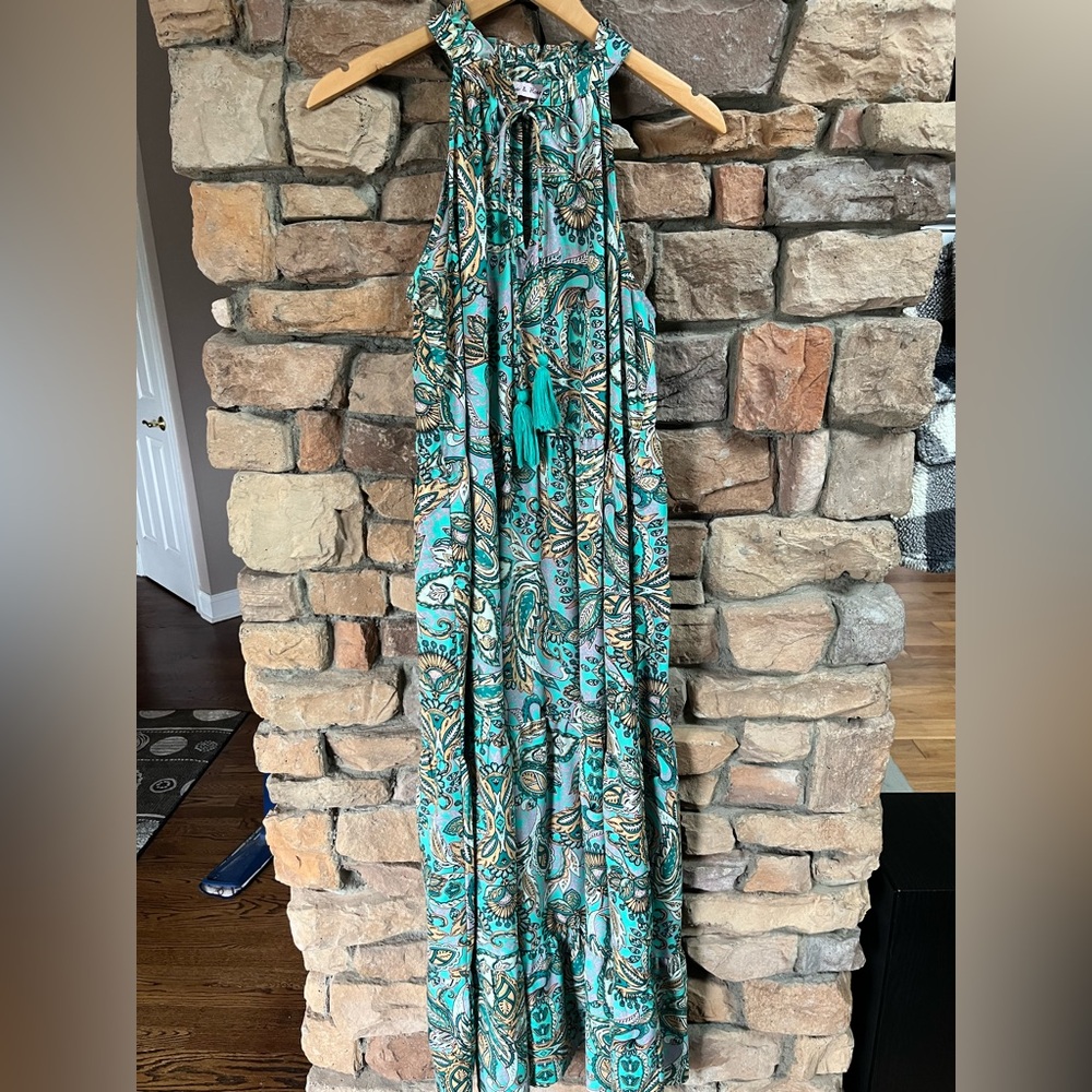 Elegant Sleeveless Maxi Green Paisley Dress by Harlow and Rose